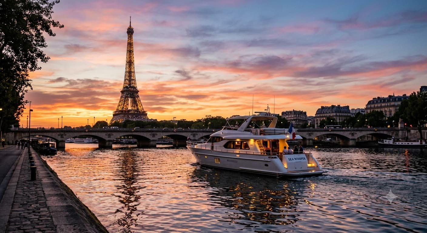 Yacht privé sur la Seine au coucher du soleil, Tour Eiffel en arrière-plan
