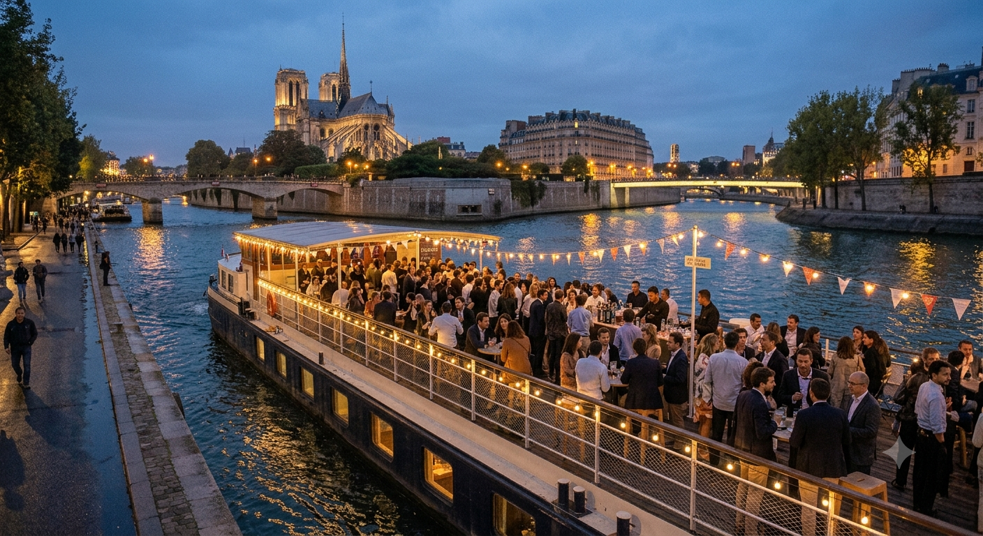Location de péniche événementielle sur la Seine à Paris, soirée avec invités